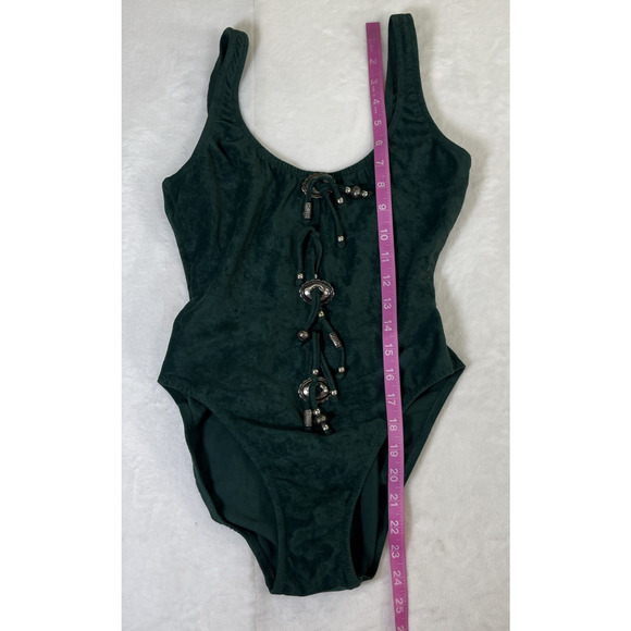 Vintage Acqua & Pelle sz. 10 Green Faux Suede Western Style 1-pc Bathing Suit - Picture 9 of 12